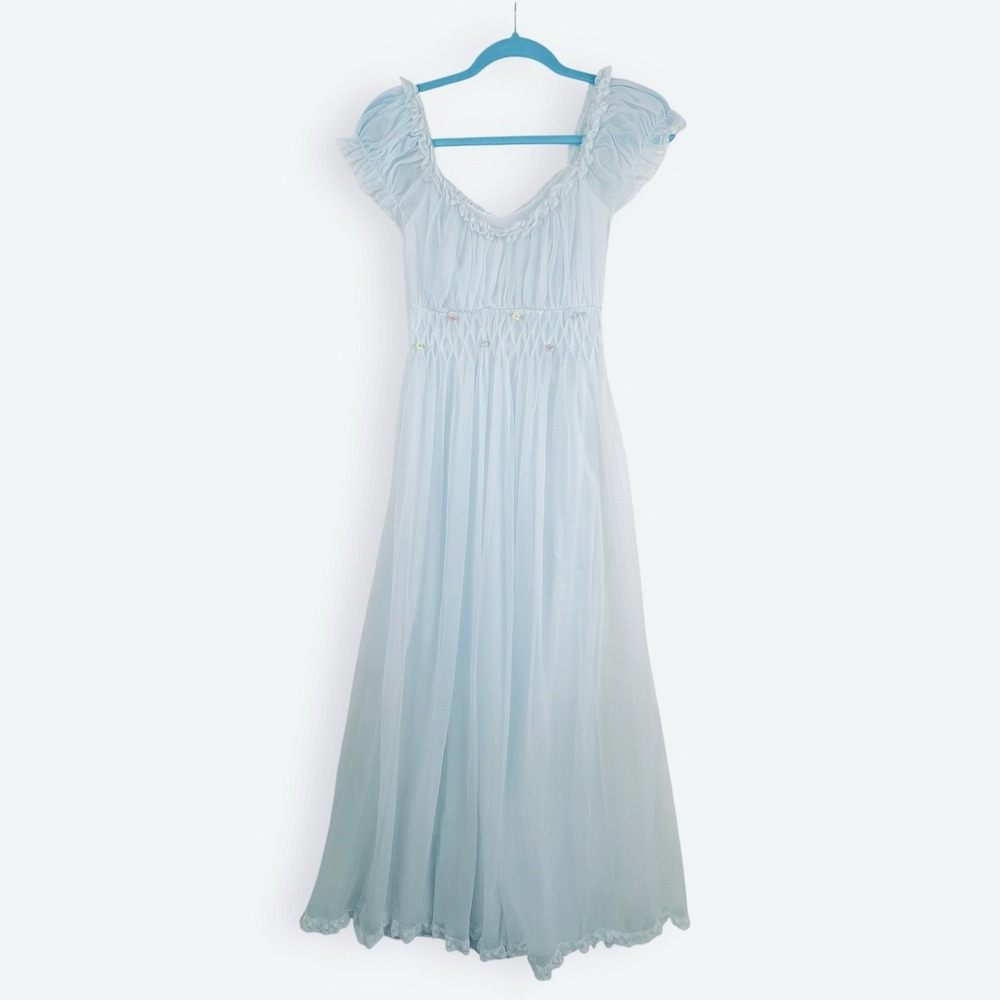 Vintage Gotham Gold Stripe Blue Nightgown Chiffon Nylon 32 Small Babydoll Floral